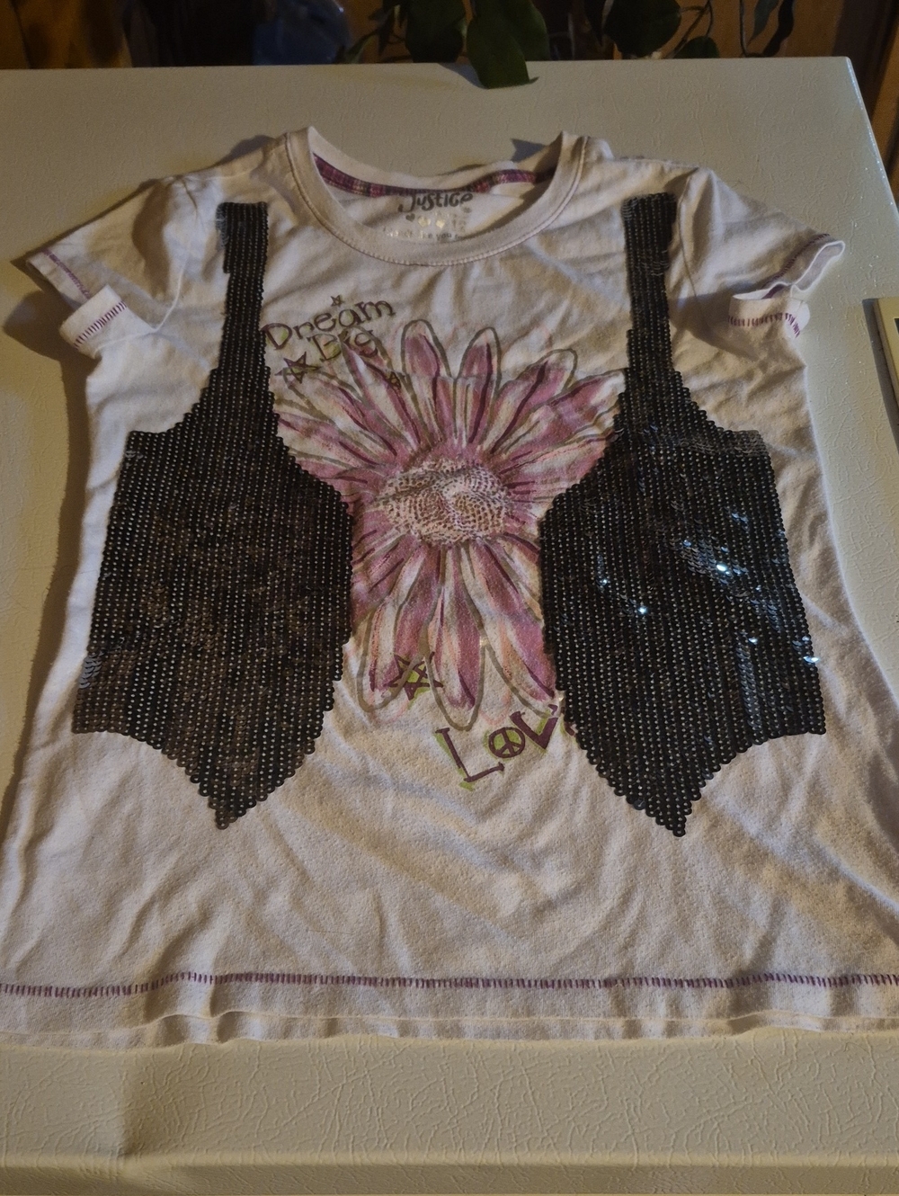 Justice White Tee with Pink Daisy and Black Sequin Vest Print